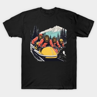 Winter Sports Crew of Bigfoots Bobsleighing in the Snow Funny Bobsleigh T-Shirt